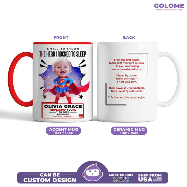 Personalized Supergirl Baby Mug – Custom Name, Photo & Mom’s Message – “The Crib Crusader” Design